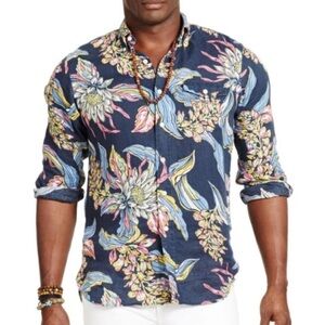 Ralph Lauren Linen Floral Shirt Navy Pastel Tropical Button Down Resort Wear XL
